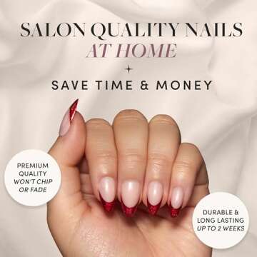 Glamnetic Press On Nails - Red Affair | Short Almond Red Glitter French Tip Nails with a Glossy Finish | 15 Sizes - 30 Nail Kit with Glue