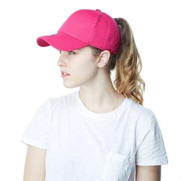 The Hat Depot Women High Ponytail Sun Protect Structured Deep Fitted Athletic Baseball Cap Hat (Hot Pink)