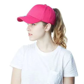 The Hat Depot Women High Ponytail Sun Protect Structured Deep Fitted Athletic Baseball Cap Hat (Hot Pink)