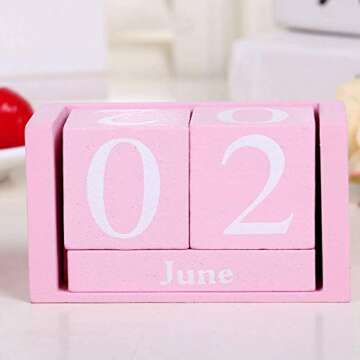 Vintage Wooden Calendar, Chic Blocks Desktop Perpetual Calendar, Time Concept Rustic Wooden Cubes Calendar Month Date Display Home Office Decoration (Pink)