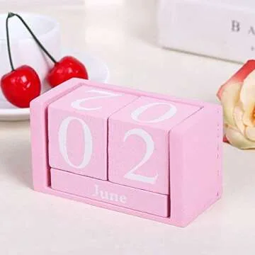 Vintage Wooden Calendar, Chic Blocks Desktop Perpetual Calendar, Time Concept Rustic Wooden Cubes Calendar Month Date Display Home Office Decoration (Pink)