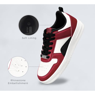LUCKY STEP Women Fashion Sparkle Rhinestone Sneakers White Leather Low Top Tennis Shoes Lace Up Casual Comfortable Walking Shoe(Red/White,9B(M) US)