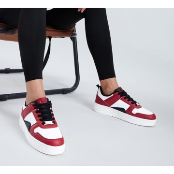 LUCKY STEP Women Fashion Sparkle Rhinestone Sneakers White Leather Low Top Tennis Shoes Lace Up Casual Comfortable Walking Shoe(Red/White,9B(M) US)