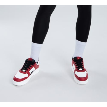 LUCKY STEP Women Fashion Sparkle Rhinestone Sneakers White Leather Low Top Tennis Shoes Lace Up Casual Comfortable Walking Shoe(Red/White,9B(M) US)