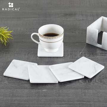 Radicaln Marble Coaster Set with Holder 3.5" Inches White Square Handmade Coasters Set of 6 for Coffee Bar Accessories Drink Coasters for Coffee Table Décor Coasters for Drinks