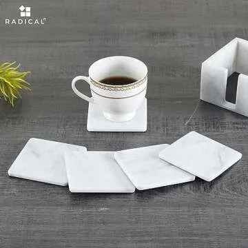 Radicaln Marble Coaster Set with Holder 3.5" Inches White Square Handmade Coasters Set of 6 for Coffee Bar Accessories Drink Coasters for Coffee Table Décor Coasters for Drinks