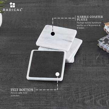 Radicaln Marble Coaster Set with Holder 3.5" Inches White Square Handmade Coasters Set of 6 for Coffee Bar Accessories Drink Coasters for Coffee Table Décor Coasters for Drinks