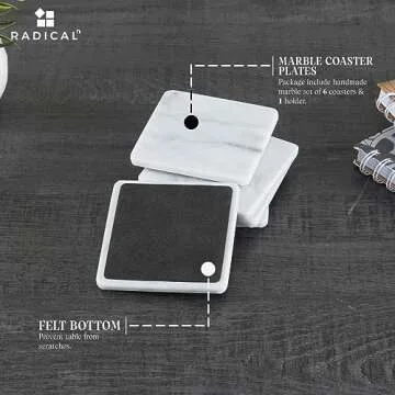Radicaln Marble Coaster Set with Holder 3.5" Inches White Square Handmade Coasters Set of 6 for Coffee Bar Accessories Drink Coasters for Coffee Table Décor Coasters for Drinks