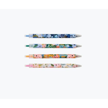 RIFLE PAPER CO. Garden Party Gel Pen Set, Printed in Full Color, Four Different Plastic Pens, 0.5 mm Rollerball Tip, Pink, Orange, Red, Blue, Set of 4