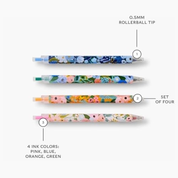 RIFLE PAPER CO. Garden Party Gel Pen Set, Printed in Full Color, Four Different Plastic Pens, 0.5 mm Rollerball Tip, Pink, Orange, Red, Blue, Set of 4