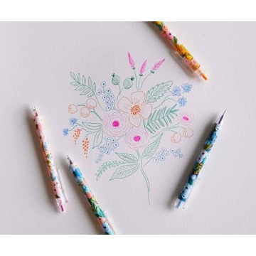 RIFLE PAPER CO. Garden Party Gel Pen Set, Printed in Full Color, Four Different Plastic Pens, 0.5 mm Rollerball Tip, Pink, Orange, Red, Blue, Set of 4
