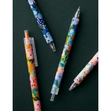 RIFLE PAPER CO. Garden Party Gel Pen Set, Printed in Full Color, Four Different Plastic Pens, 0.5 mm Rollerball Tip, Pink, Orange, Red, Blue, Set of 4