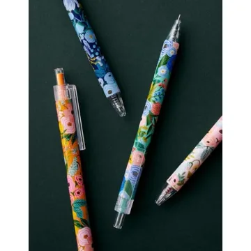 RIFLE PAPER CO. Garden Party Gel Pen Set, Printed in Full Color, Four Different Plastic Pens, 0.5 mm Rollerball Tip, Pink, Orange, Red, Blue, Set of 4