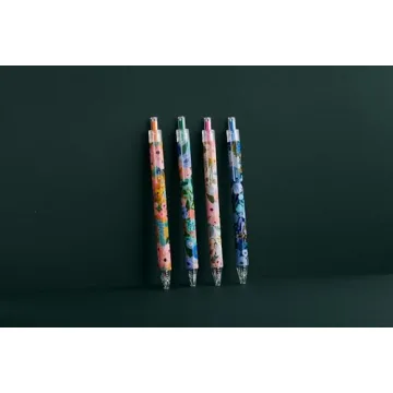 RIFLE PAPER CO. Garden Party Gel Pen Set, Printed in Full Color, Four Different Plastic Pens, 0.5 mm Rollerball Tip, Pink, Orange, Red, Blue, Set of 4