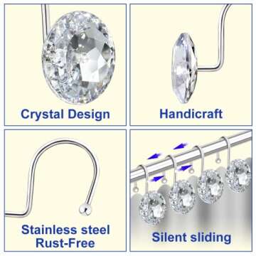 12PCS Shower Curtain Hooks Rings for Bathroom, Stainless Steel Rust Resistant Decorative Rhinestones Hangers for Shower Curtains, Clothing, Towels, etc.