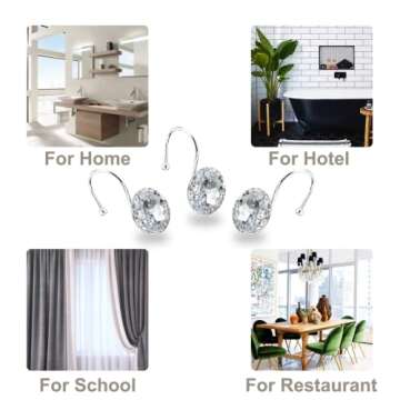 12PCS Shower Curtain Hooks Rings for Bathroom, Stainless Steel Rust Resistant Decorative Rhinestones Hangers for Shower Curtains, Clothing, Towels, etc.