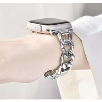 Kolgios 38/40/41 mm Silver Women Stylish Cool Chain Durable Smartwatch Band Compatible for Apple Watch Band Series 9/8/7/6/5/SE Girl's Replacement Bracelet for Iwatch S9 s8 Girl's Gift Strap