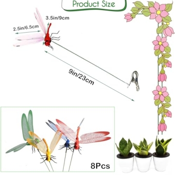 8 Pack Dragonfly Clip, 3D Dragonfly Garden Stakes Decor, Garden Decor with Sticks Plastic Dragonfly ...