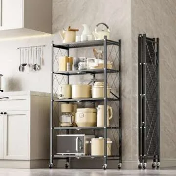 HealSmart Heavy Duty 5-Tier Foldable Metal Rack, 27.95" D x 14.96" W x 63.78" H Storage Shelving Uni...