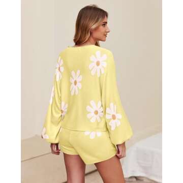 Ekouaer Knit Pajamas Set for Women Lounge Sets Long Sleeve Sweatsuit Matching 2 Piece Outfits Cute Sweater Sets Floral Yellow L
