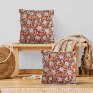 Ridhi Dark Salmon Pink Block Print Cotton Canvas Throw Pillow Covers - Perfect Decorative Accent for...