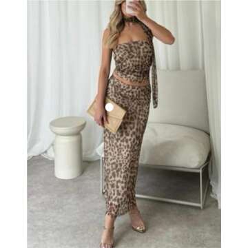 Pokn Leopard Print Cheetah Tube Top for Women 2 Piece Sets Maxi Skirt Slim Fit Sexy Strap Crop Summe...