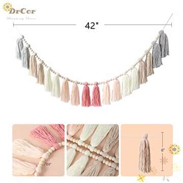 DrCor Pink Grey Yarn Tassel Garland Boho Preppy Bunting Banner Wall Hanging Decor for Spring Classro...