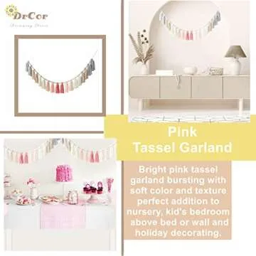 DrCor Pink Grey Yarn Tassel Garland Boho Preppy Bunting Banner Wall Hanging Decor for Spring Classroom Office Birthday Party Nursery Kids Bedroom Baby Shower Decoration