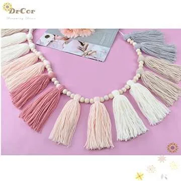 DrCor Pink Grey Yarn Tassel Garland Boho Preppy Bunting Banner Wall Hanging Decor for Spring Classroom Office Birthday Party Nursery Kids Bedroom Baby Shower Decoration