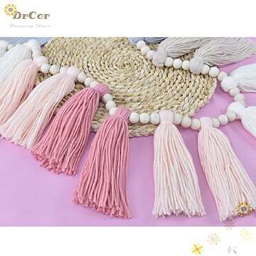 DrCor Pink Grey Yarn Tassel Garland Boho Preppy Bunting Banner Wall Hanging Decor for Spring Classroom Office Birthday Party Nursery Kids Bedroom Baby Shower Decoration