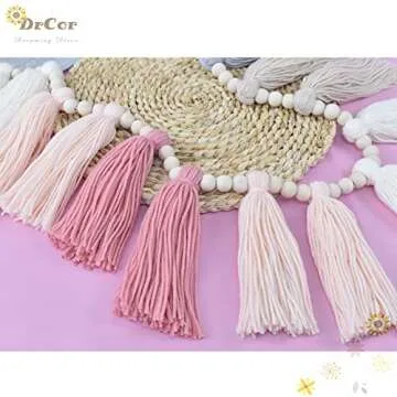DrCor Pink Grey Yarn Tassel Garland Boho Preppy Bunting Banner Wall Hanging Decor for Spring Classroom Office Birthday Party Nursery Kids Bedroom Baby Shower Decoration