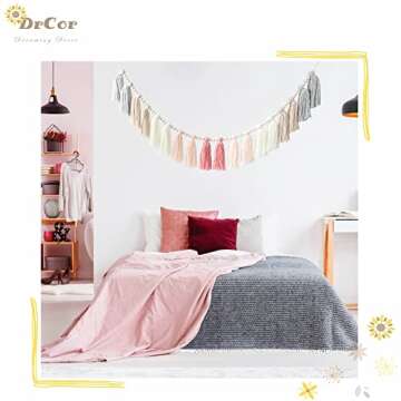 DrCor Pink Grey Yarn Tassel Garland Boho Preppy Bunting Banner Wall Hanging Decor for Spring Classroom Office Birthday Party Nursery Kids Bedroom Baby Shower Decoration