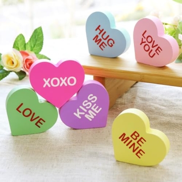 Valentine's Day Wooden Candy Heart Signs - 6 Pcs Set