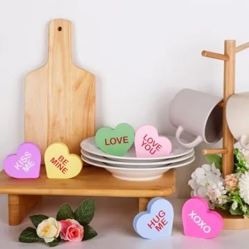 Valentine's Day Wooden Candy Heart Signs - 6 Pcs Set