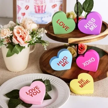 Valentine's Day Wooden Candy Heart Signs - 6 Pcs Set