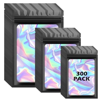 300 Pcs Holographic Mylar Bags, 3 Size Smell Proof Bags with Clear Window Foil Pouch Bags Resealable...
