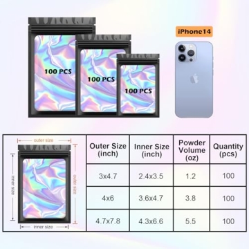 300 Pcs Holographic Mylar Bags for Food Packaging