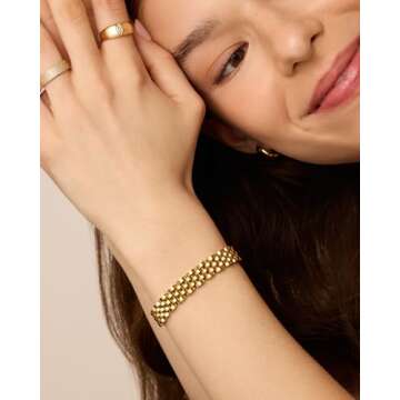 PAVOI 14K Gold Plated Two-Toned Waterproof Watch Strap Chain Bracelet for Women | White Yellow Mixed Metals Stainless Steel Chunky Link Bracelet 7 Inches