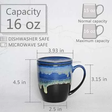 Bosmarlin Ceramic Tea Cup with Infuser and Lid, 16 Oz, 4 Color to Choose Dishwasher and Microwave Sa...