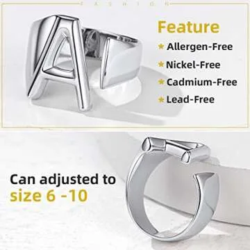 KeyStyle Initial E Ring Alphabet Silver Tone Stacking Ring Adjustable Letter Ring Statement Silver Rings Initial Ring Thumb Ring Open Signet Ring Women