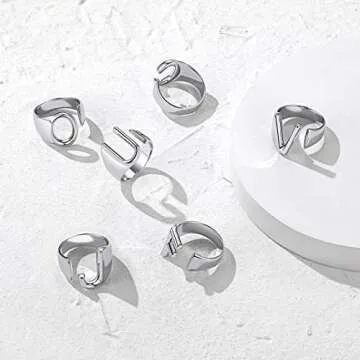 KeyStyle Initial E Ring Alphabet Silver Tone Stacking Ring Adjustable Letter Ring Statement Silver Rings Initial Ring Thumb Ring Open Signet Ring Women