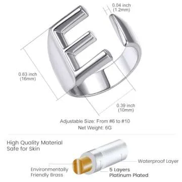 KeyStyle Initial E Ring Alphabet Silver Tone Stacking Ring Adjustable Letter Ring Statement Silver Rings Initial Ring Thumb Ring Open Signet Ring Women