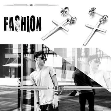 Dangle Stud Earrings,Flongo Men's Womens Stainless Steel Pearl Cross Dangle Hinged Stud Earrings,Piercing Christmas Cross Huggie Hoop Earrings Gift for Men Women Wedding Valentine's Day