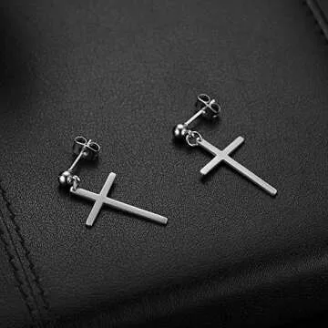 Dangle Stud Earrings,Flongo Men's Womens Stainless Steel Pearl Cross Dangle Hinged Stud Earrings,Piercing Christmas Cross Huggie Hoop Earrings Gift for Men Women Wedding Valentine's Day