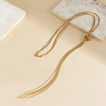 Kenjudess Bohemian Long Pendant Y Necklace Hip hop Snake Bone Tassel Necklace Boho Sexy Body Chain Summer Beach Accessories for Women (Gold)