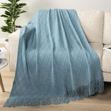PAVILIA Dusty Blue Knit Throw Blanket for Couch Bed, Soft Knitted Farmhouse Sofa Throw for Living Ro...