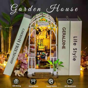 Book Nook Kit Garden House DIY Book Nook Kits Room Bookshelf Insert Miniature Decor Kit 3D Wooden Pu...
