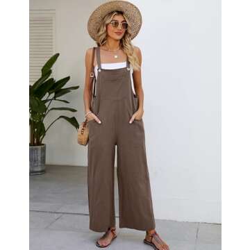 Flygo Overalls for Women Cotton Linen Bib Overalls Loose Fit Wide Leg Jumpsuits Casual Rompers with ...