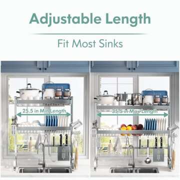 MAJALiS Over Sink Dish Drainer Drying Rack, 3-Tier 304 Stainless Steel Large Dish Racks for Kitchen Counter,Above Sink Organizer,(Sliver, 25.5"-35.5")