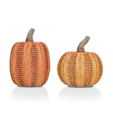 Valery Madelyn Thanksgiving Fall Decoration for Home Pumpkin Decor, 2pcs Resin Artificial Rattan Large Pumpkins Figurine, Autumn Harvest Halloween Party Table Centerpieces Porch Mantel Indoor 6.2 Inch